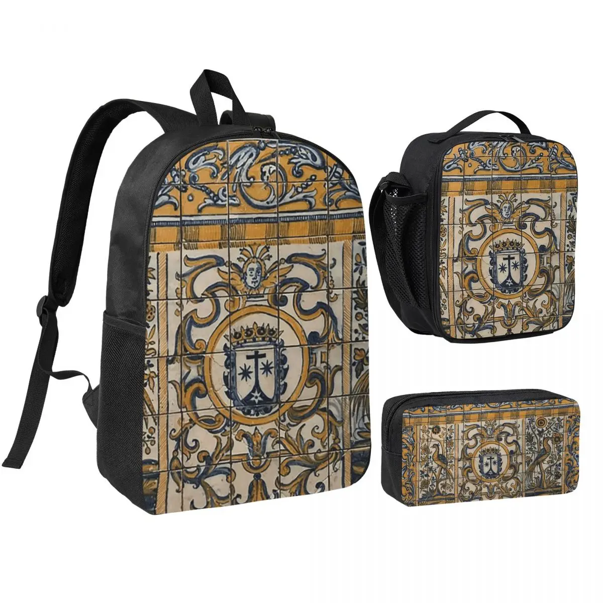 Beautiful Portuguese Tiles From Porto, Portugal Backpack BookBag School Bag Shoulder Bags 3ps Insulated Lunch Bag Pencil Case