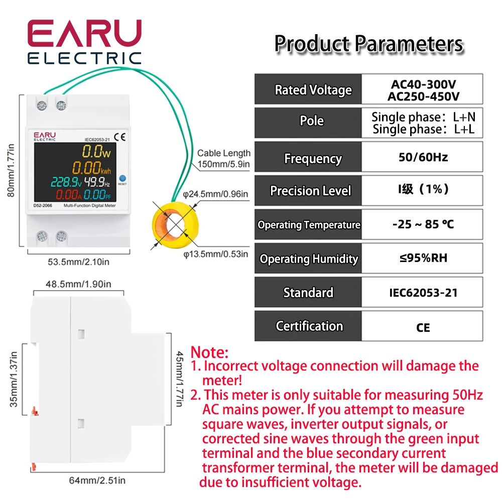 D52-2066 Energy Meter Din Rail Electricity Usage Monitor AC 40-300V 100A Voltmeter Ammeter Watt KWH Frequency Power Meter
