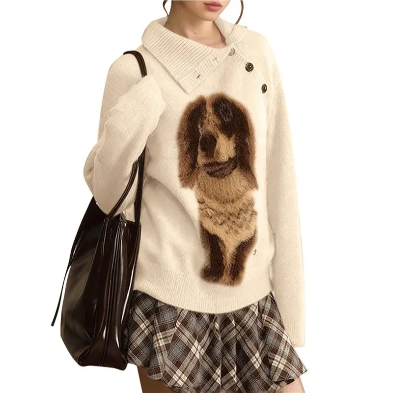 

CYL-Женский свитер с собачьим принтом, вязаный топ с высоким воротником и длинными рукавами, пуловер, осенне-зимняя одежда, белый цвет, один размер