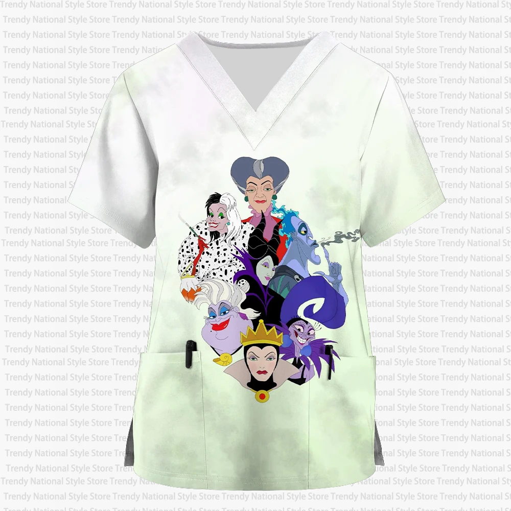 

New Summer Nurse Uniform Ladies Top V Neck Double Pocket Disney Sleeping Devil Print Short Sleeve Medical Uniform T-shirt
