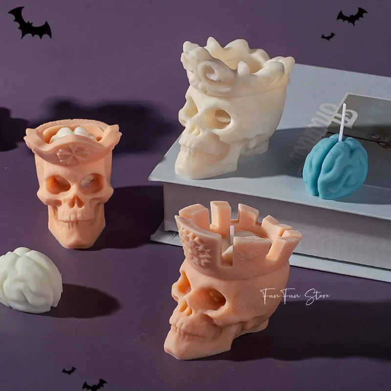 3D Split Skull Scented Candle Silicone Mold Halloween Brain Crown Skull Fun Plaster Chocolate Mold Halloween Party Gift Decor