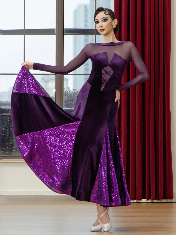 2026 Nuovo Femminile Sala Da Ballo Concorso di Ballo Vestito Per Le Donne Prestazioni Moderne di Danza Sexy Maglia Con Maniche Velluto Valzer Vestito XH3970