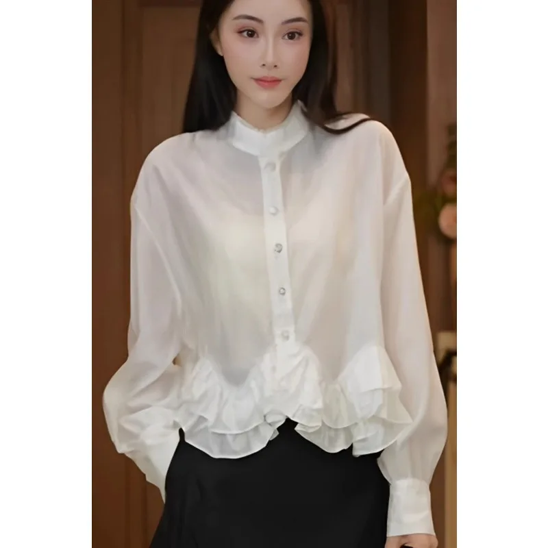 

Autumn French Long-sleeved Shirt for Women 2025 New Autumn Shirt Ruffled Solid Color Button Splicing Cardigan Top