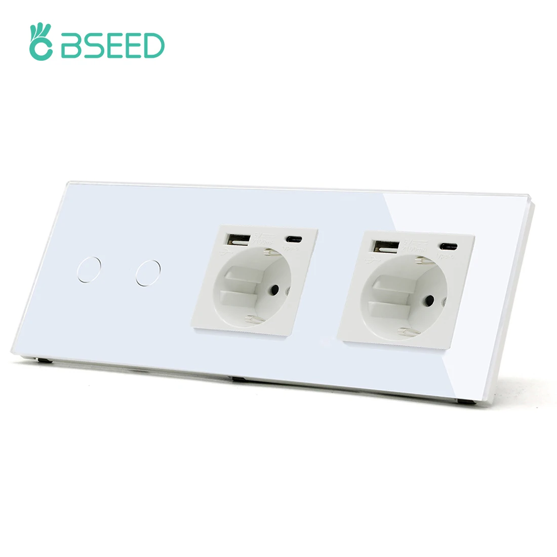 BSEED 1/2/3Gang Touch Lichtschakelaar 1Way Eenvoudige Sensor Schakelaar Type-c USB Sockets EU Standaard Glazen Paneel Blauwe Achtergrondverlichting 10A Wit