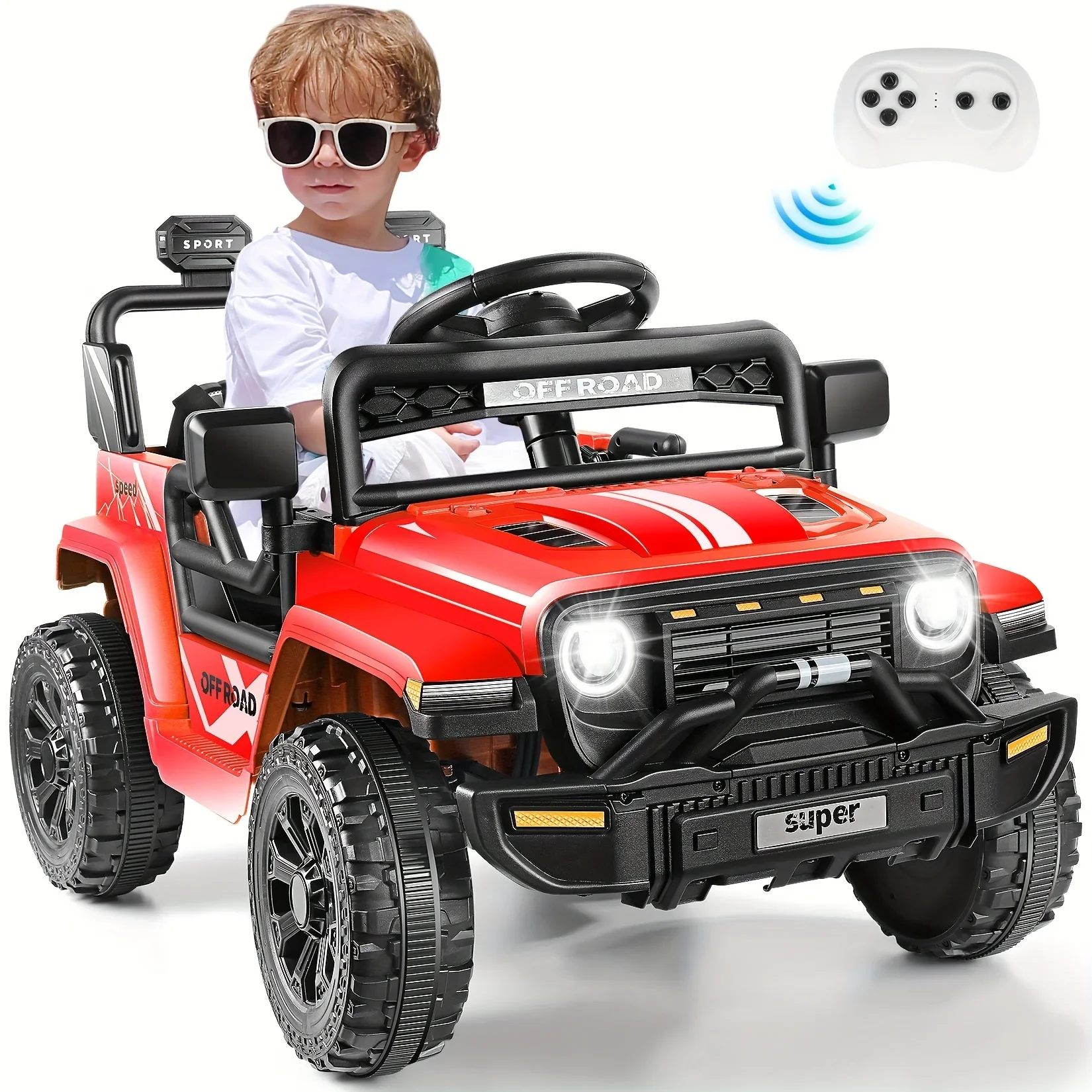 Coche de paseo con control remoto de 12 V para niños con reproductor de música, sistema de absorción de impactos, SUV eléctrico para niños y niñas pequeños