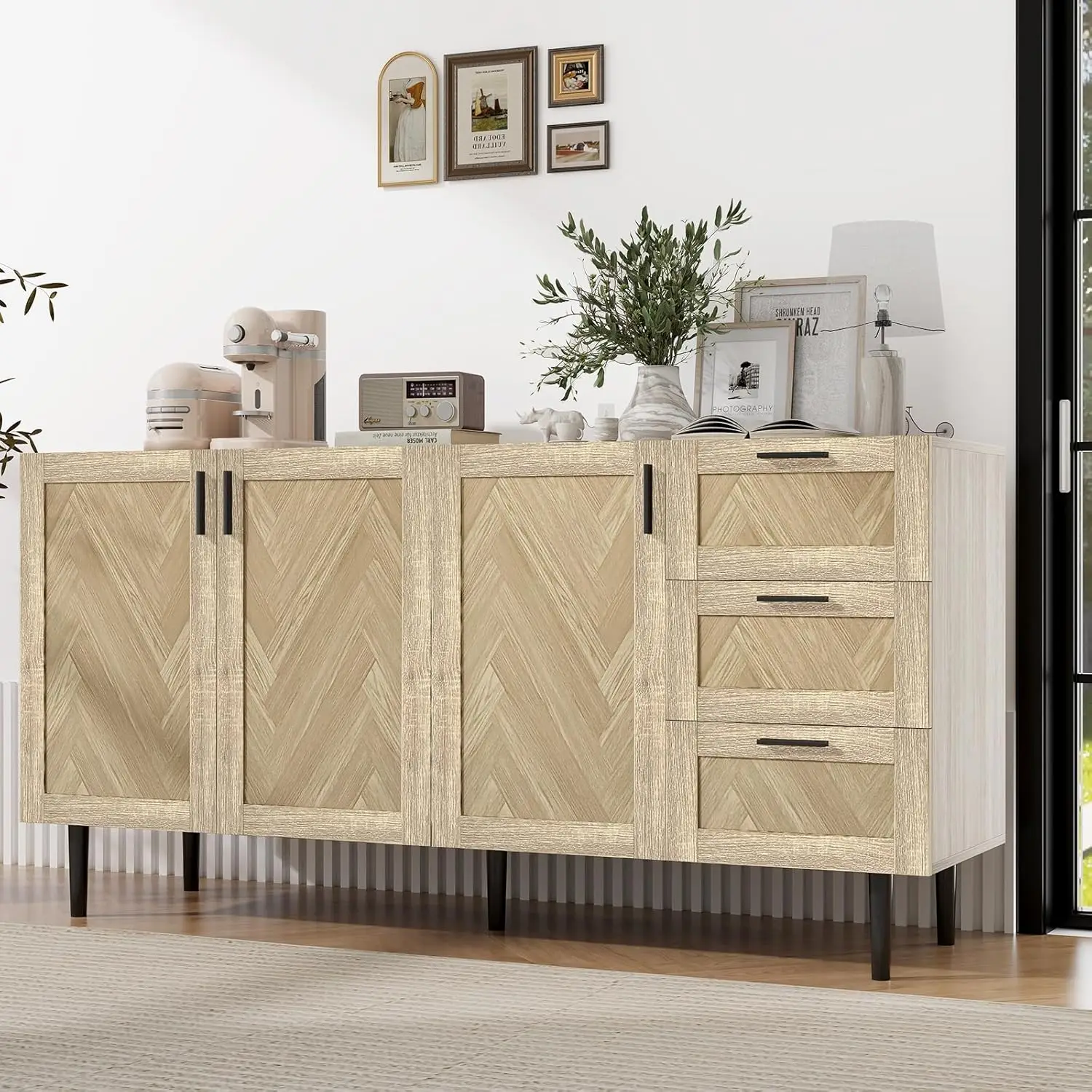 Buffet Cabinet with Storage, 62'' Sideboard Cabinet with 3 Drawers and 3 Doors,Farmhouse Accent Cabinet for Dinning Room