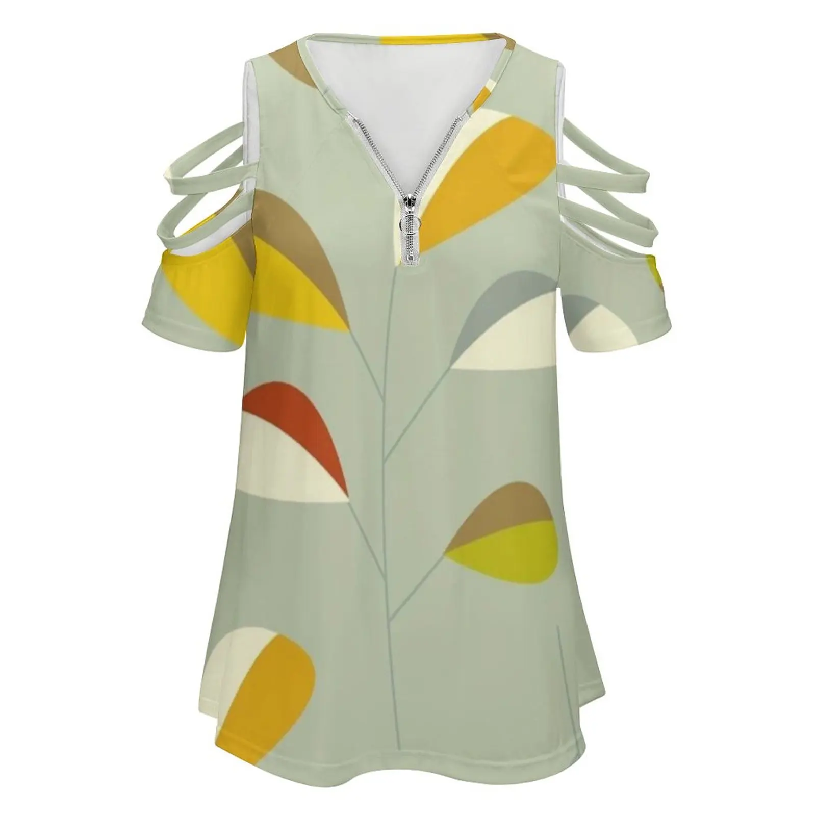 Mid Century Modern Graphic Leaves Pattern 1. Vintage Green New Fashion Zip Off Shoulder Top Short-Sleeve Women Shirt Mid