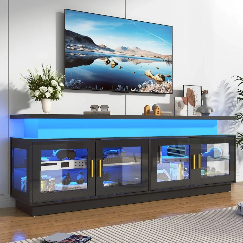 71" LED TV Stand with Power Outlet, Fits 85" TV, Modern High Gloss Gaming Entertainment Center with Glass Door and Storage