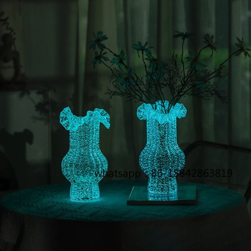 French Luminous Pleated Skirt Glass Vase Living Room Water Raising Flower Arrangement Ins Wind Dining Table Ornament
