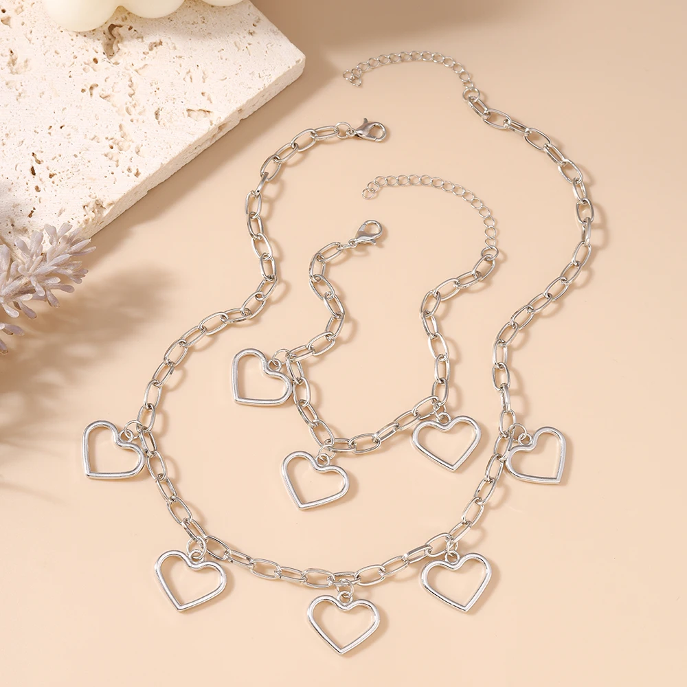 Aihua Romantisches, süßes Metall-Herz-Halsketten-Set für Damen und Herren, modisches Armband-Halsketten-Party-Hochzeits-Schmuckset, Geschenke – Detail 1