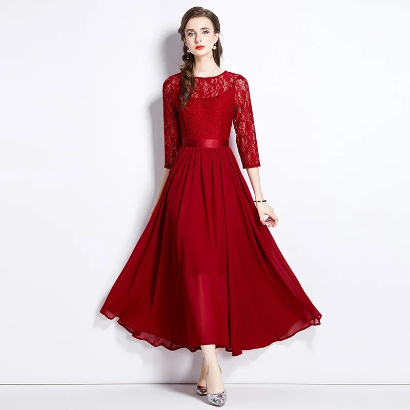 Robe trapèze en dentelle creuse pour femmes, épissage mince, grande robe rouge, vêtements d'été, automne