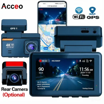 

Acceo 4K Dash Cam Front and Rear with WiFi GPS Dual Dash Camera for Cars Night Vision 4K+1080P Car Camera with App Support 512GB