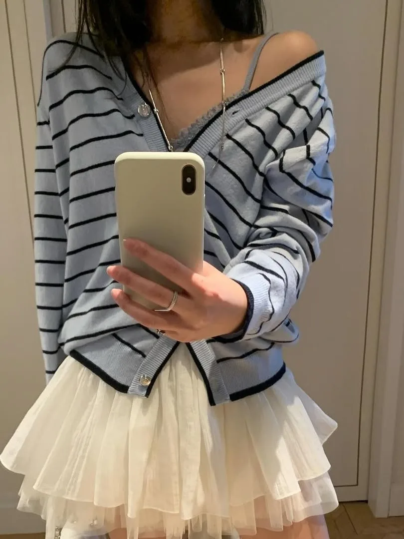 

Новый осенний женский вязаный открытый кардиган в полоску, тонкий дизайнерский топ на одной пуговице, корейская одежда Aosphere, верхняя одежда