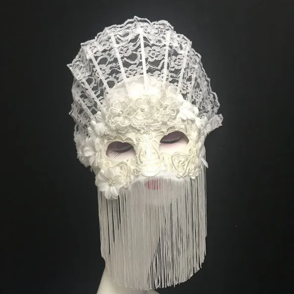 Copricapo Maschera a pieno facciale per adulti Bianco Hollow Lace Mesh Nappa Moda retrò Adatto per accessori Halloween unisex in maschera