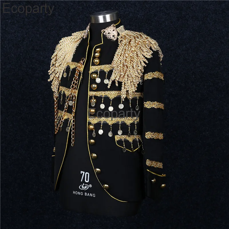 Mens Medieval Luxury Noble Prince Costume Spanish Bullfighter Clothes Metal Tassel Cardigan Jacket Singer Stage Performance Coat