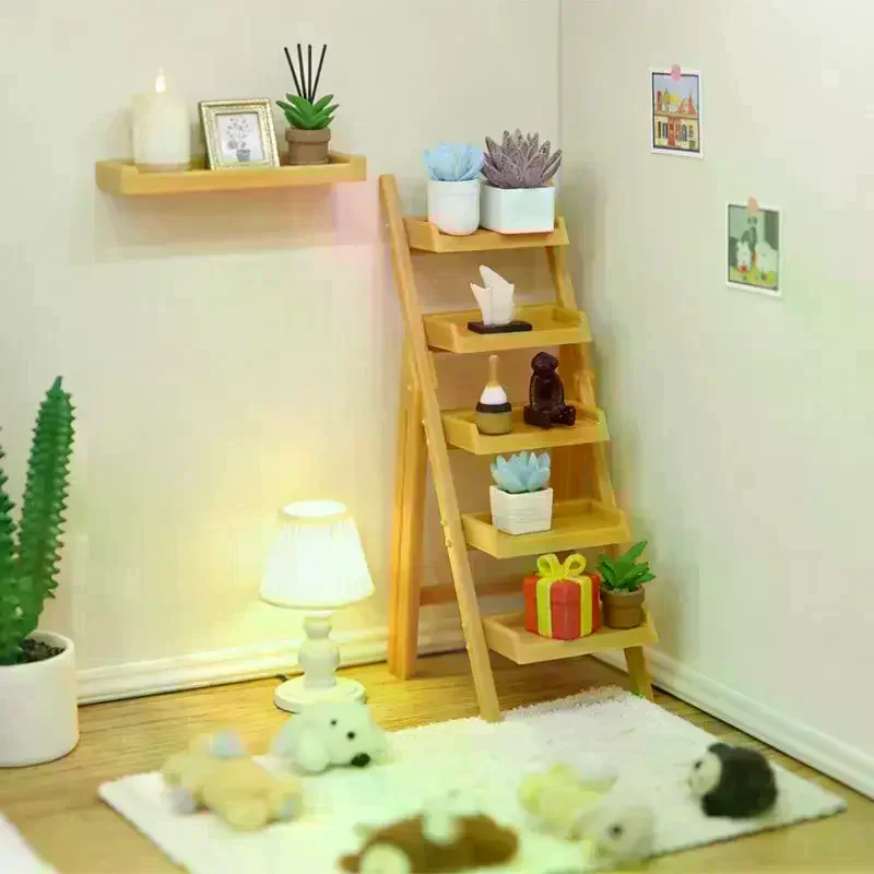 1Pcs DIY 1/12 Dollhouse Furniture Ornament Miniature Ladder Shelf Mini Tiered Shelf Toy Tiny Multi-layer Storage Rack Model