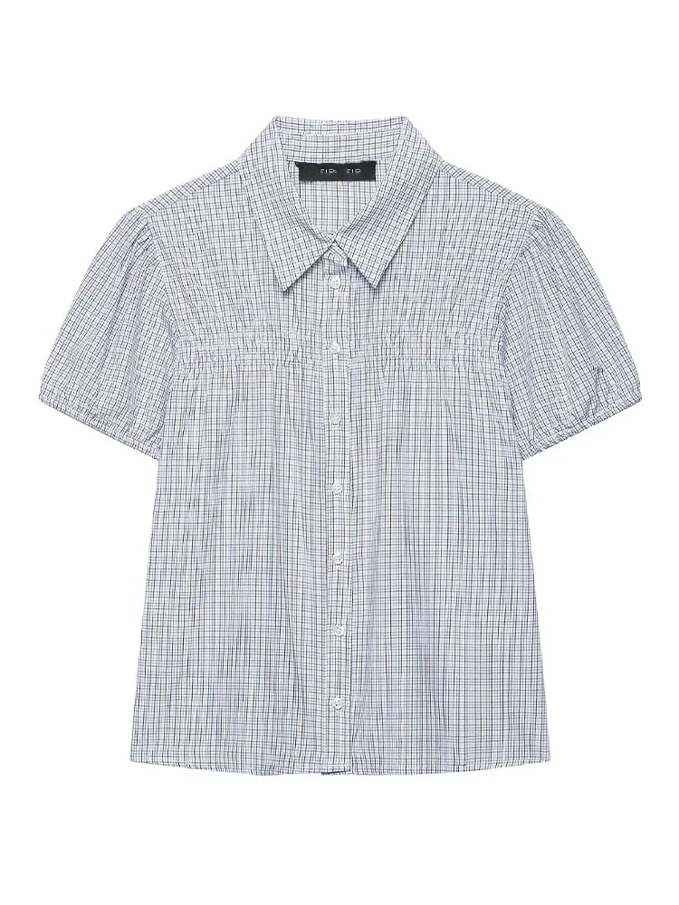 HH Women Summer New Fashion Versatile Plaid Stretch Poplin Shirt Female Chic Lapel Long Sleeve Single Breasted Short Sleeve Top