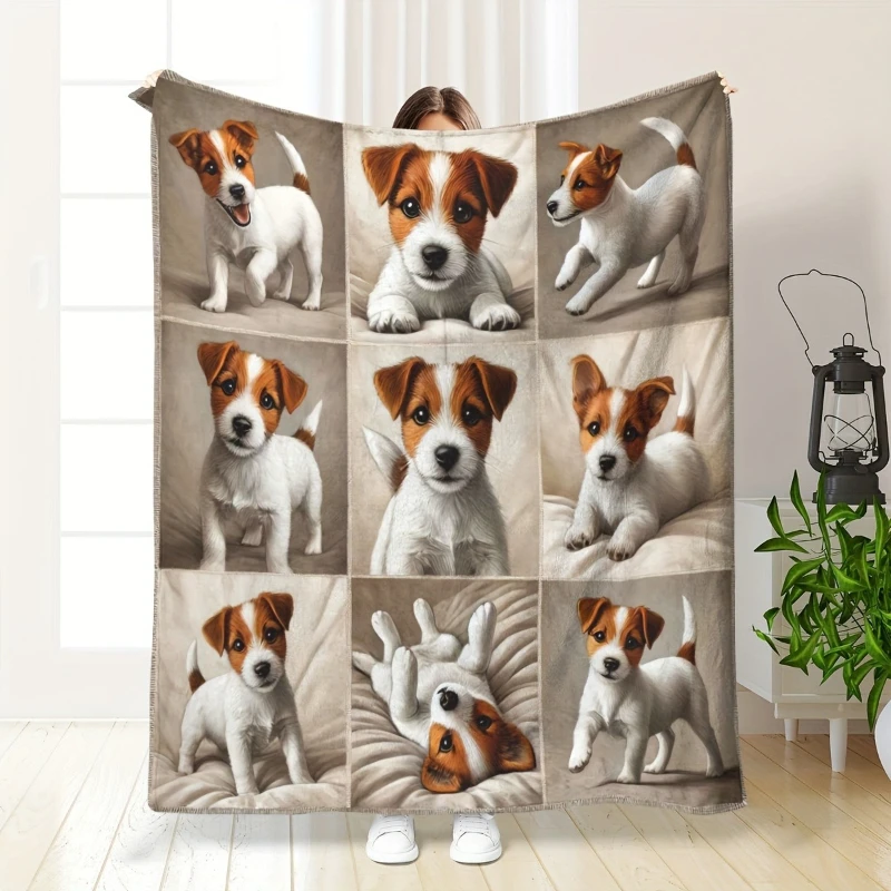 Jack Russell Terrier Puppy 9-Grid Print Blanket, Soft Warm Thickened Fleece Throw, All-Season Home Nap Air Conditioner Blanket