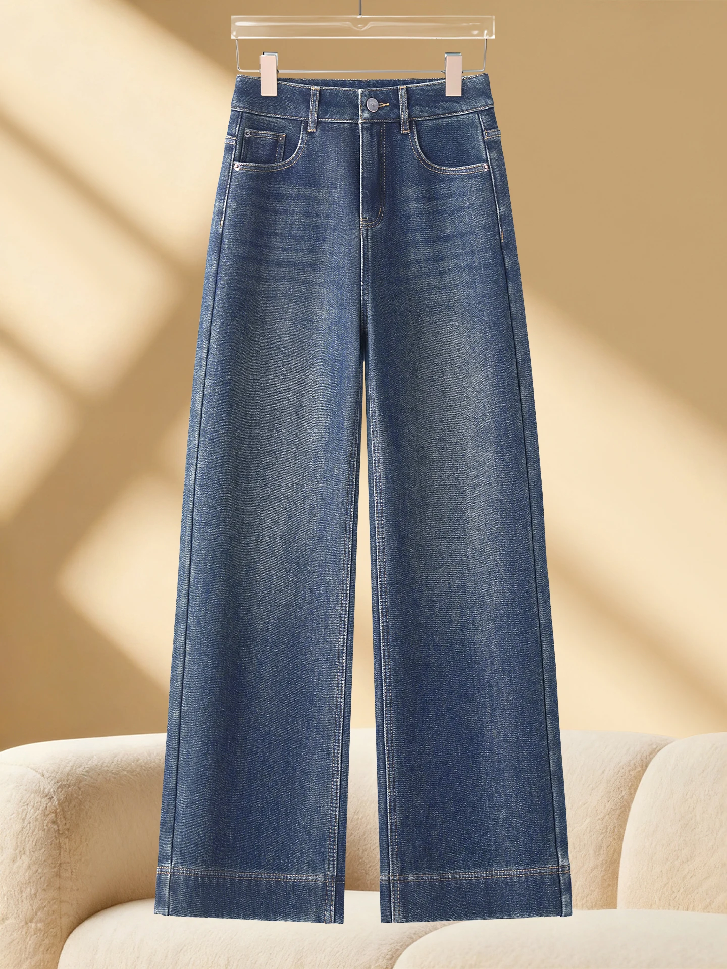 

Ретро джинсы с широкими штанинами для женщин, осенне-зимние, новые, с высокой талией, свободные, утепленные флисом, повседневные, прямые брюки