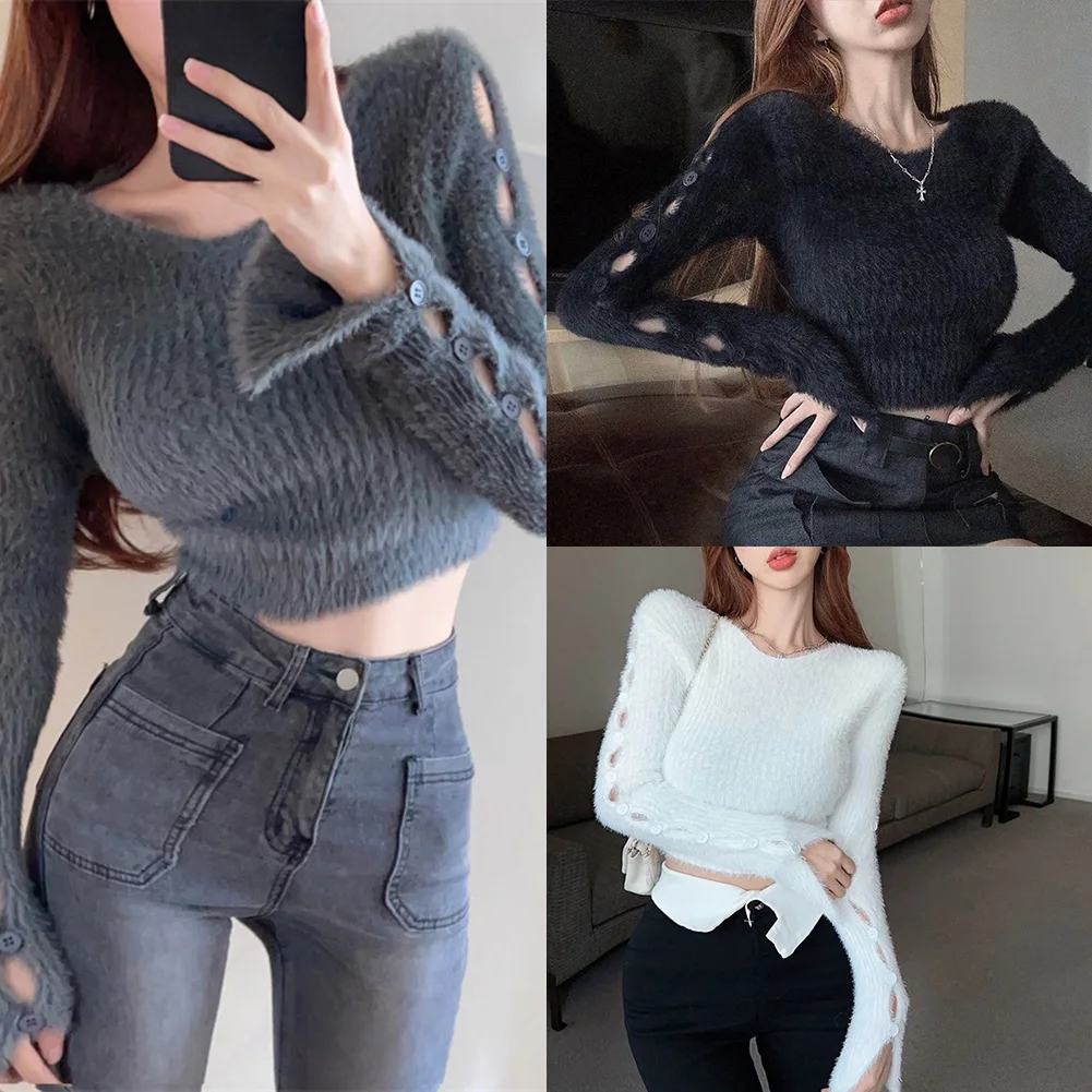 Trui met lange mouwen Holle crop top Vrijetijdskleding Feestoutfits Trendy damesmode top Normale kledinglengte