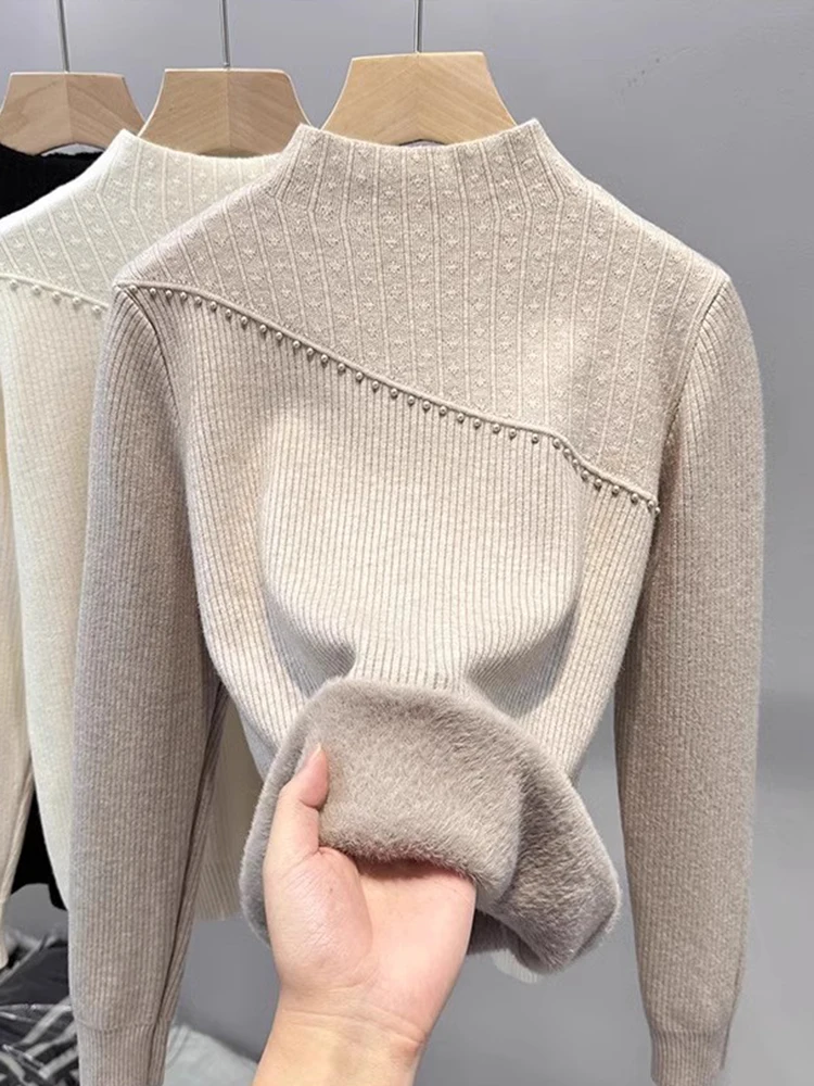 Women's Fce Lined f High Ne Knitwear Thiened Inteated Fce Base irt Trendy Bead Embellied Autumn Winter New...