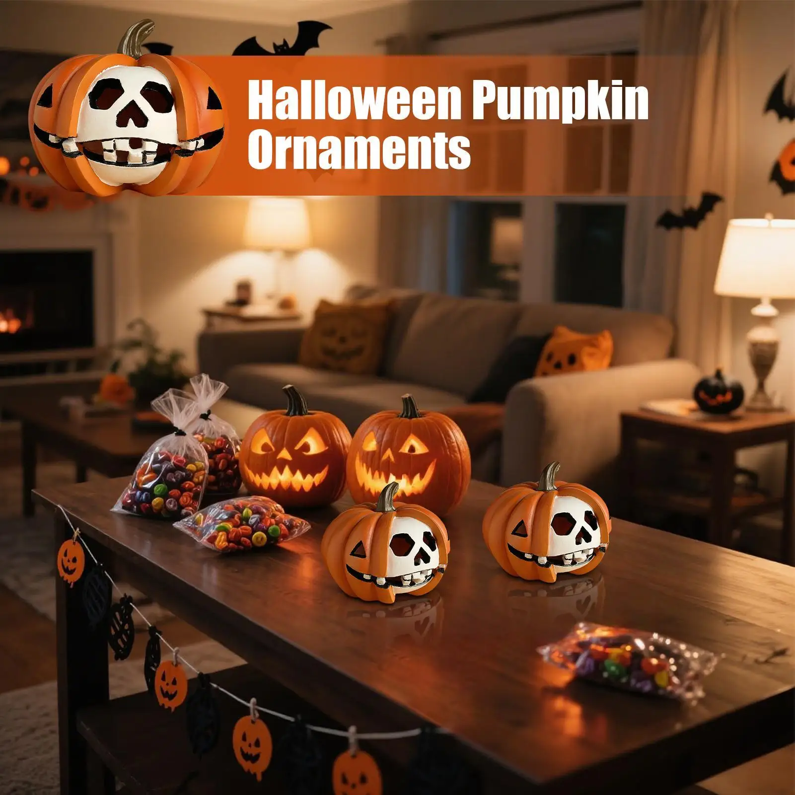 Pumpkin Decorations For Home Small Resin Skull Face Statue Pumpkin Statue For Fall Halloween Spooky Party Autumn Harvest Indoor