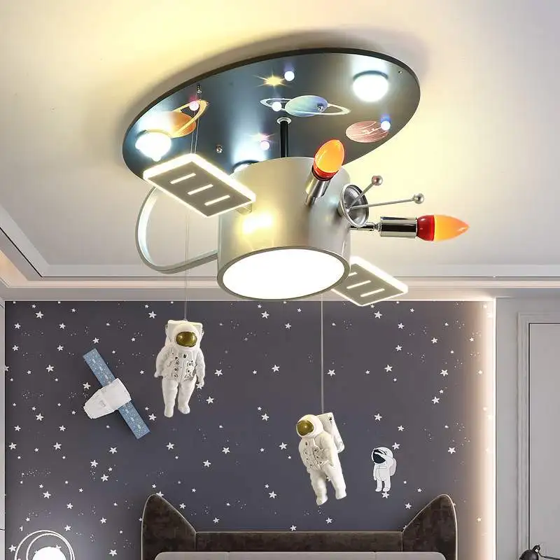 Children's Bedroom Chandeliers Planet Space Station Satellite Model Lamp, Boys' Room Lamp Space Element Indoor Lamp