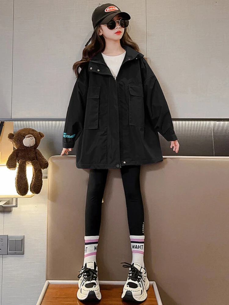 Girl Top 2023 New Spring Autumn Korean Fashion Style Sports Hooded Jacket Girls Solid Long Sleeve Trench Coat Children Clothes