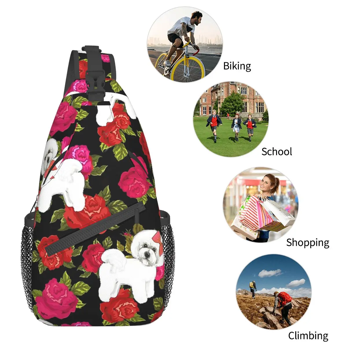 Bichon Frise Red Rose Small Sling Bags Chest Crossbody Shoulder Backpack Outdoor Hiking Daypacks Dog Lover Cool Bags