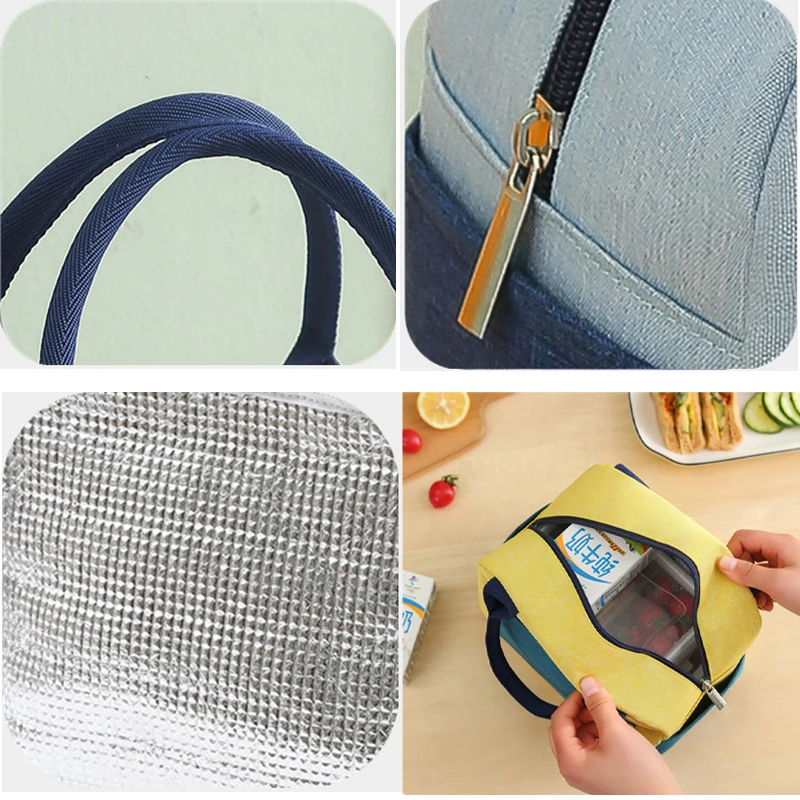 حقيبة غداء حرارية محمولة للنساء، حقيبة طعام معزولة للثلاجة الصغيرة، ثلاجات غداء تحجب الألوان للعمل مع سحاب