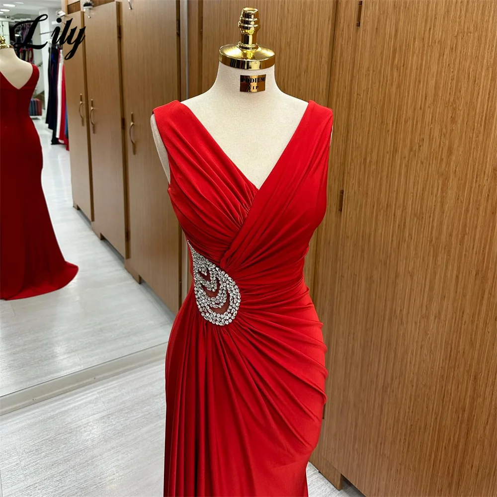 Lily Tank Red Prom Dresses Mermaid Sexy Evening Dress V-Neck Formal Dresses With Pleat Party Dress With Side Slit فستان سهرة