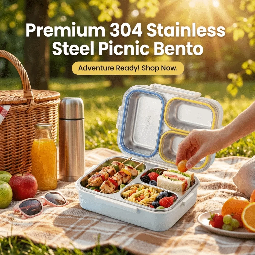 Portable Stainless Steel Lunch Box Divided Sealed Camping Food Container Food Grade Leakproof Storage Box School Office