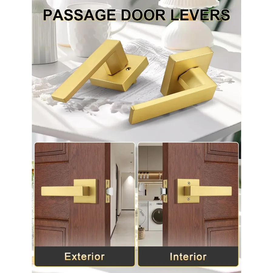 10 عبوات من مقابض عتلات مربعة بدون مفتاح ذهبية مع لمسة نهائية من النحاس الساتان لمجموعات أقفال أبواب الممر الداخلي بتصميم عكسي مناسب