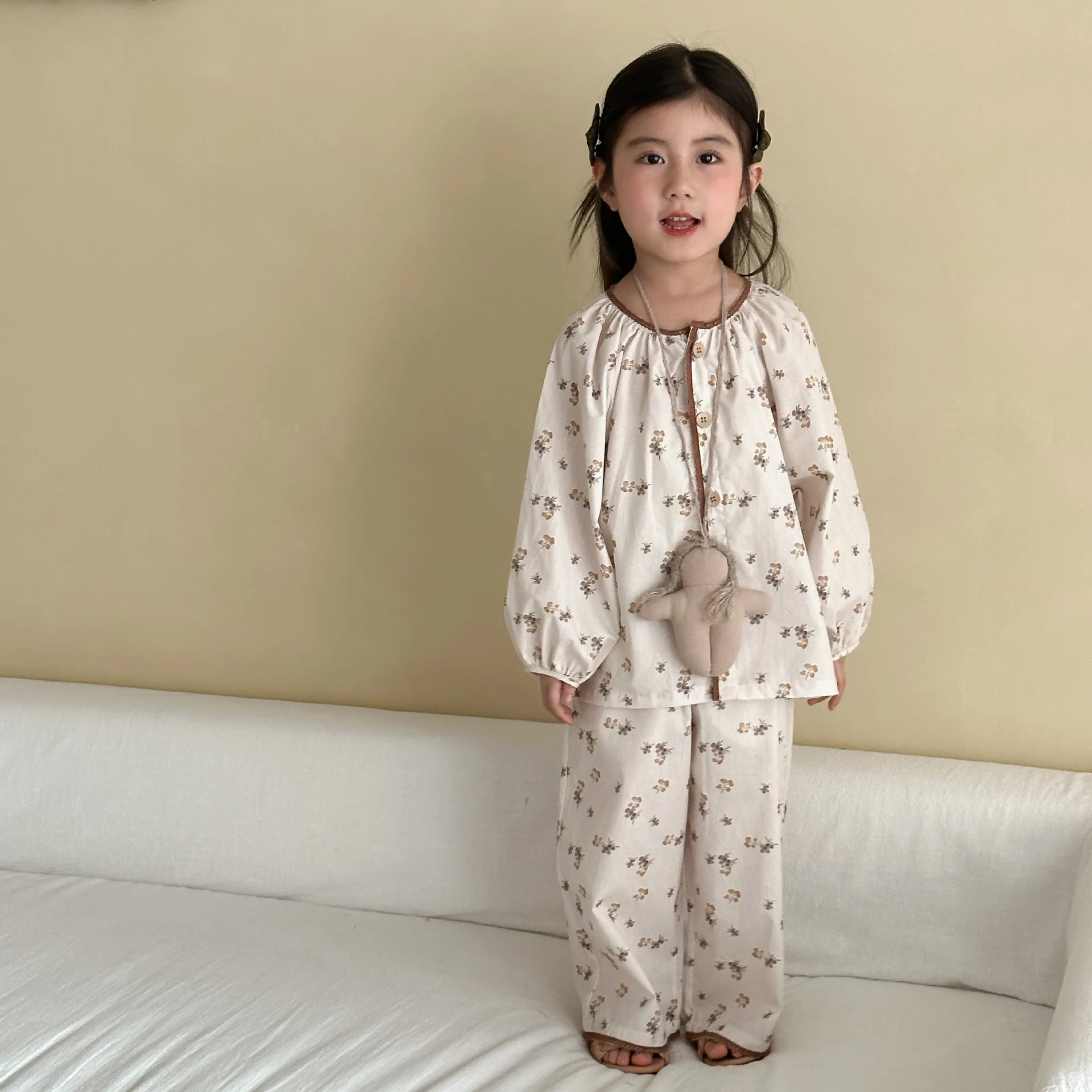 Girls Cotton Pajamas Set Children Home Wear Sweet Flower Print Trousers Pajamas Set Summer Loose Casual Loungewear Pyjama