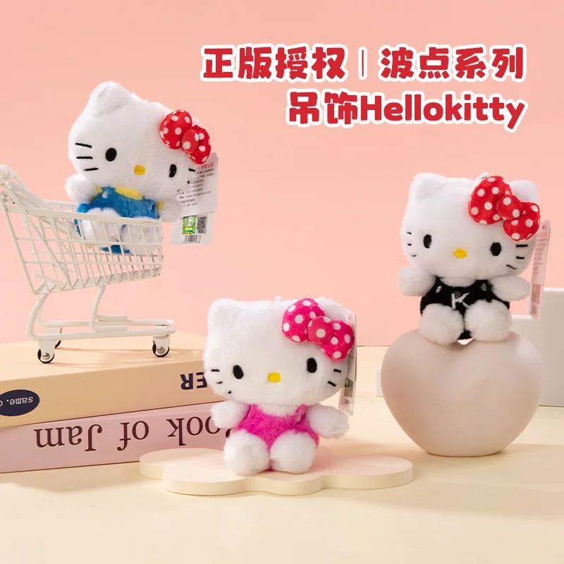 Genuine Sanrio Hello Kitty Plush Keychain, Cute Polka Dot Bow Cat Bag Pendant, 3 Colors Optional Backpack Charm Gift
