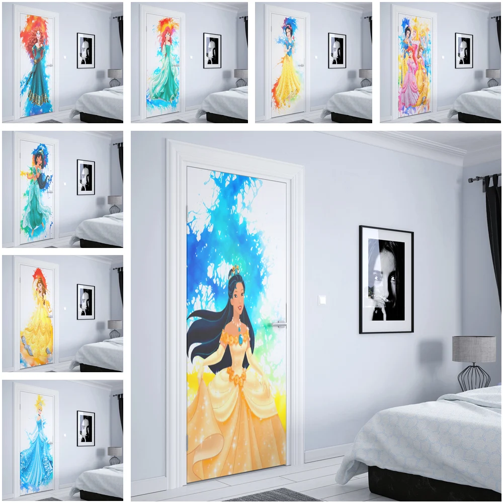 Disney White Princess Cinderella Little Mermaid Door Sticker Home Decoration Girls Room Cartoon Art Decoration PVC Wall Sticker