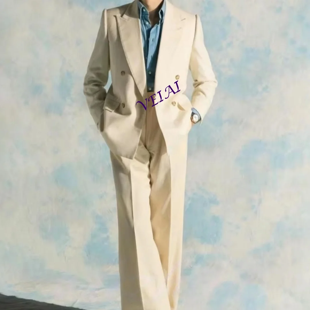

Formal Peak Lapel Men's Suits Beige 2 Piece Sets Slim Fit Business Formal Tuxedos Jacket Cuffed Pants Suits Male Customized