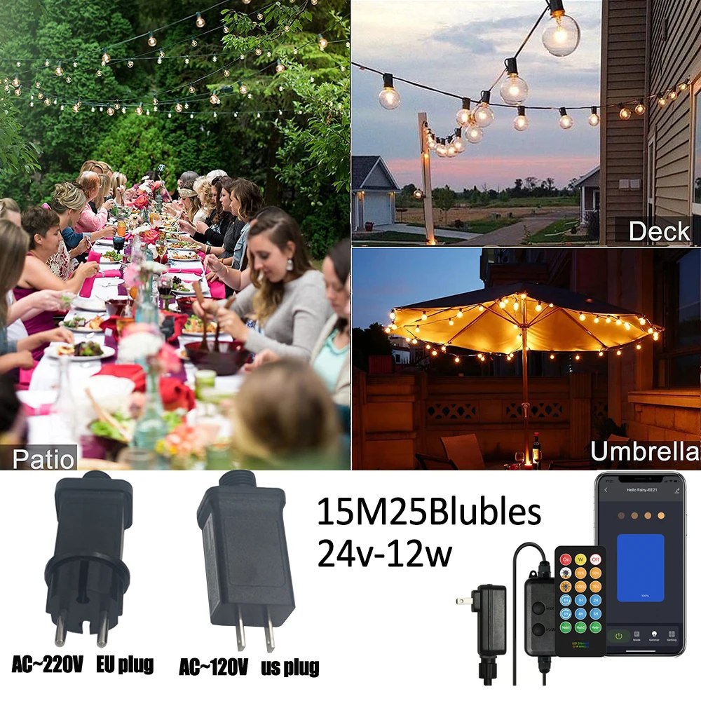 

G40 15m 25Bubls Outdoor DIY LED String Lights s14 13m Remote Control Lights Bulbs for Patio Garden Outside Backyard Christmas