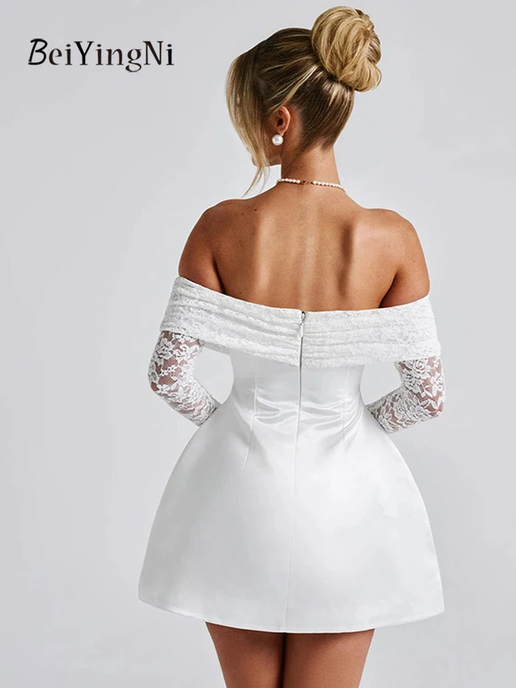 Beiyingni automne hiver femmes robe trapèze dentelle élégante Slash cou coupe ajustée Sexy blanc robes de soirée dames plaine robes françaises