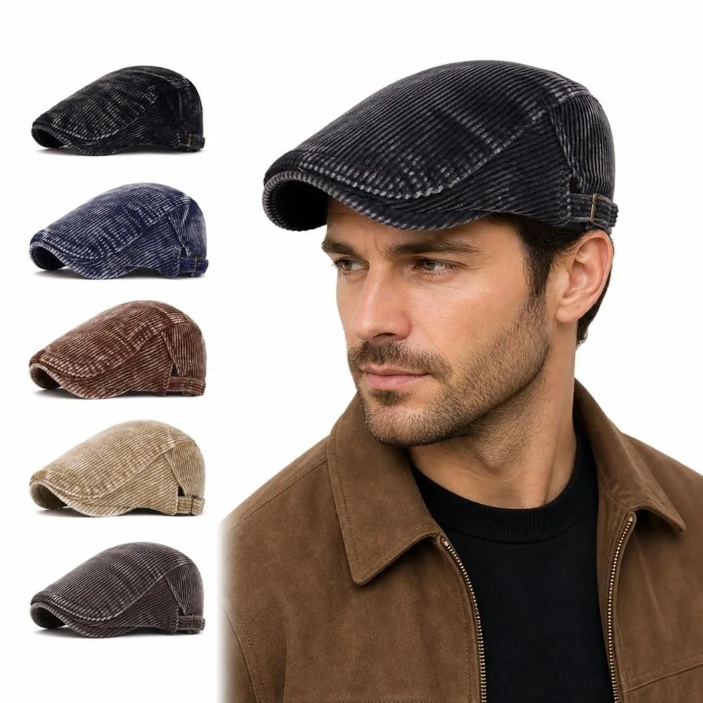 Vintage British Style Corduroy Flat Cap Adjustable Soft Lined Newsboy Hat Windproof Warm Driving Cap Outdoor Casual