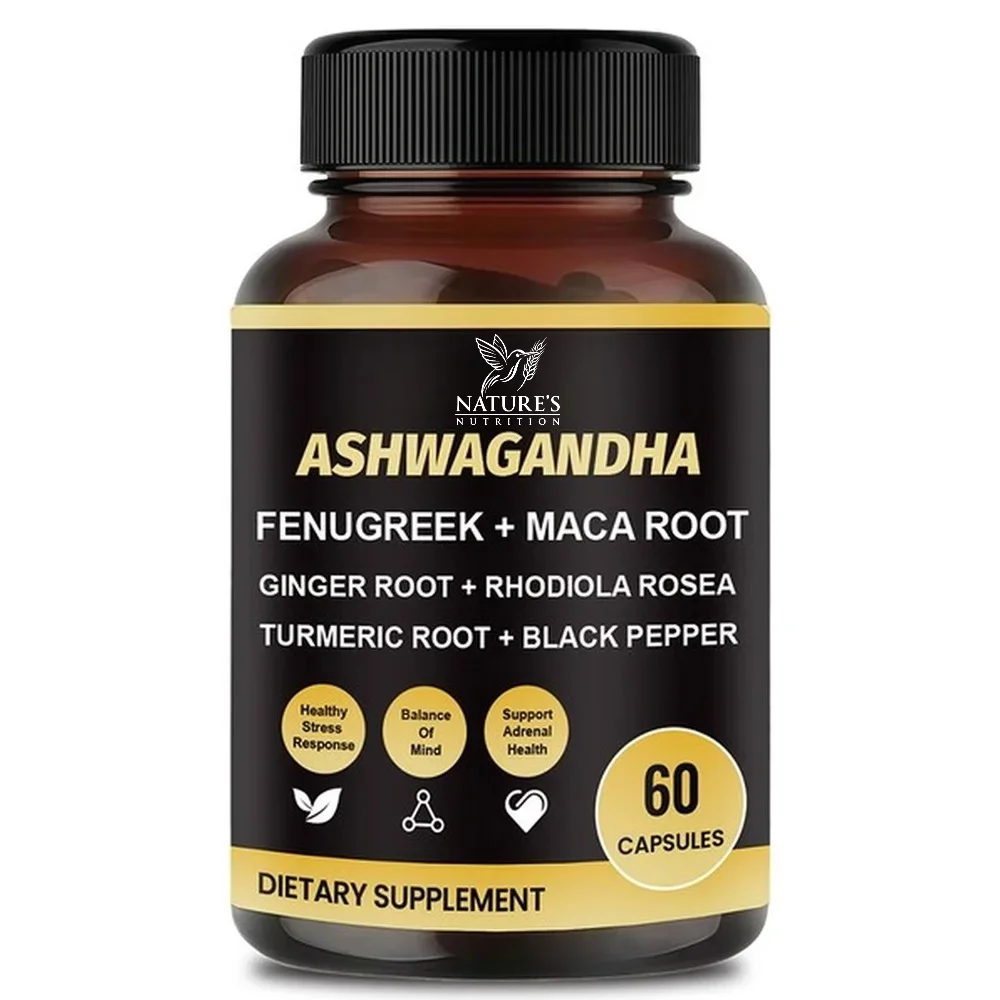 Docteat Ashwagandha Fenugreek Maca Root Capsules with Rhodiola, Stress Mood Focus Energy Vitality Support 60 Count for Adults