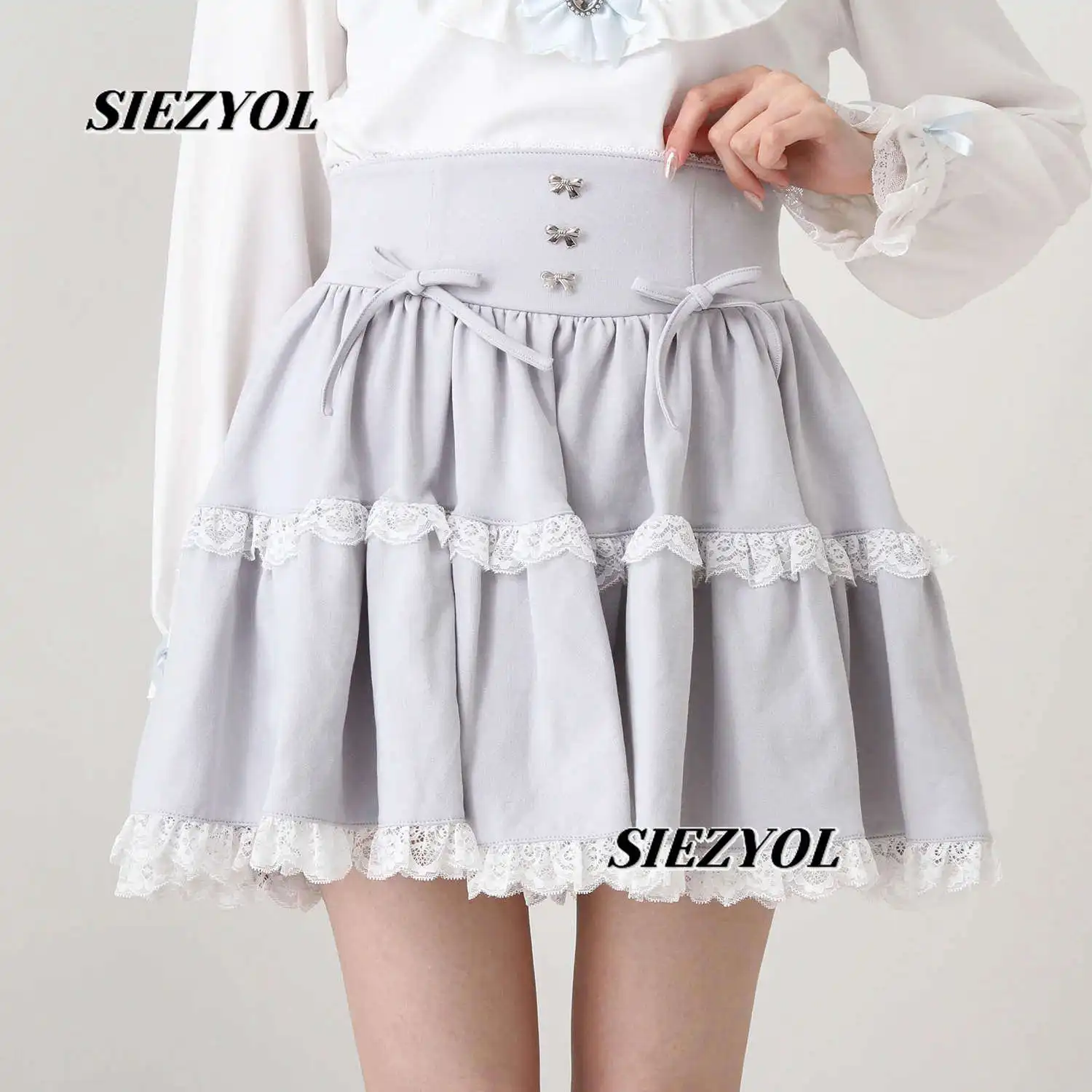 Japanese Style Spring and Summer Sweet Cute Girls Short Skirt Pure Color Puffy Cake Skirt Lace Fungus Edge Bows Mini Skirts