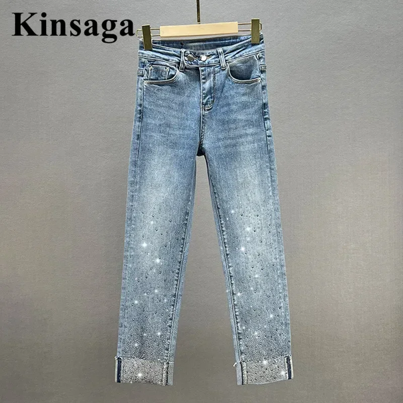 Basic Sequined Rhinestone Jeans Women Slim Fit High Waist Drilling Revers Ninth Stright Pants Female Ankle Length Demin Trousers