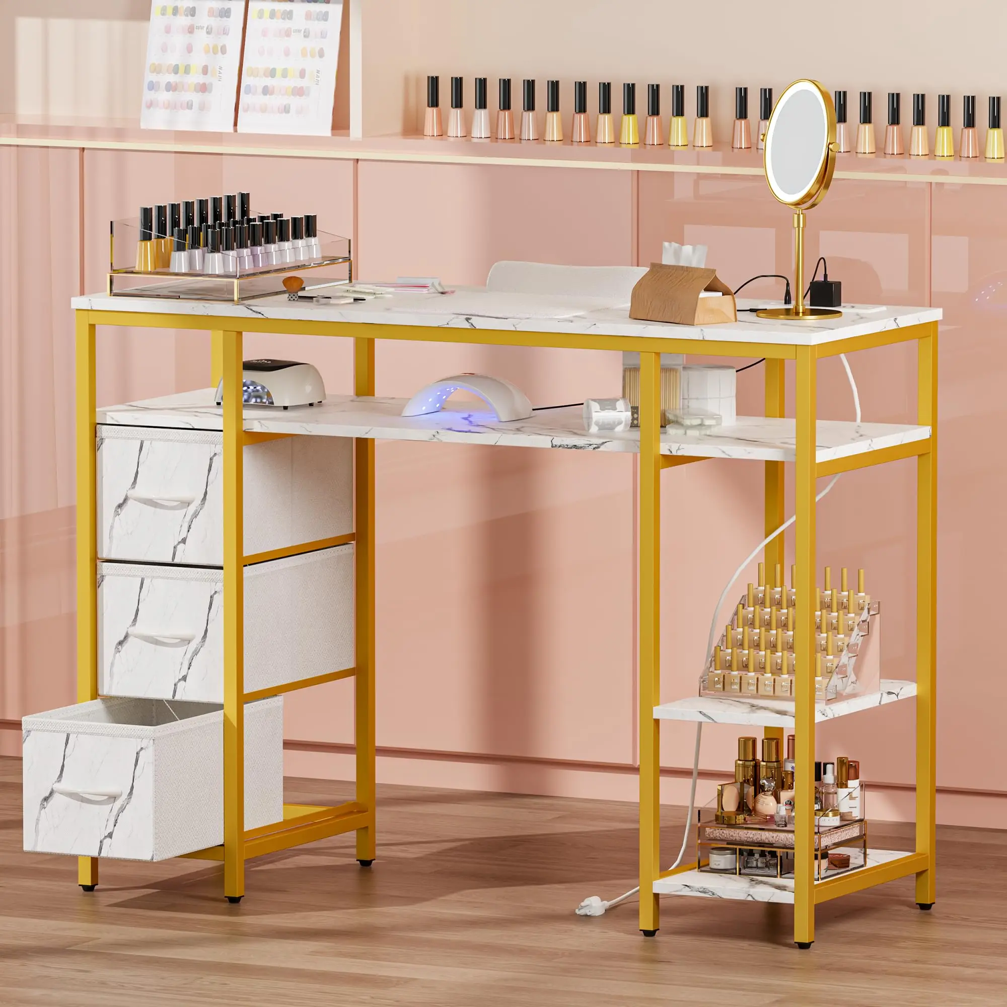 Marbling Texture Manicure Table - Nail Desk with Storage and Power Outlet, Nail Table for Nail Tech, Manicure Desk with