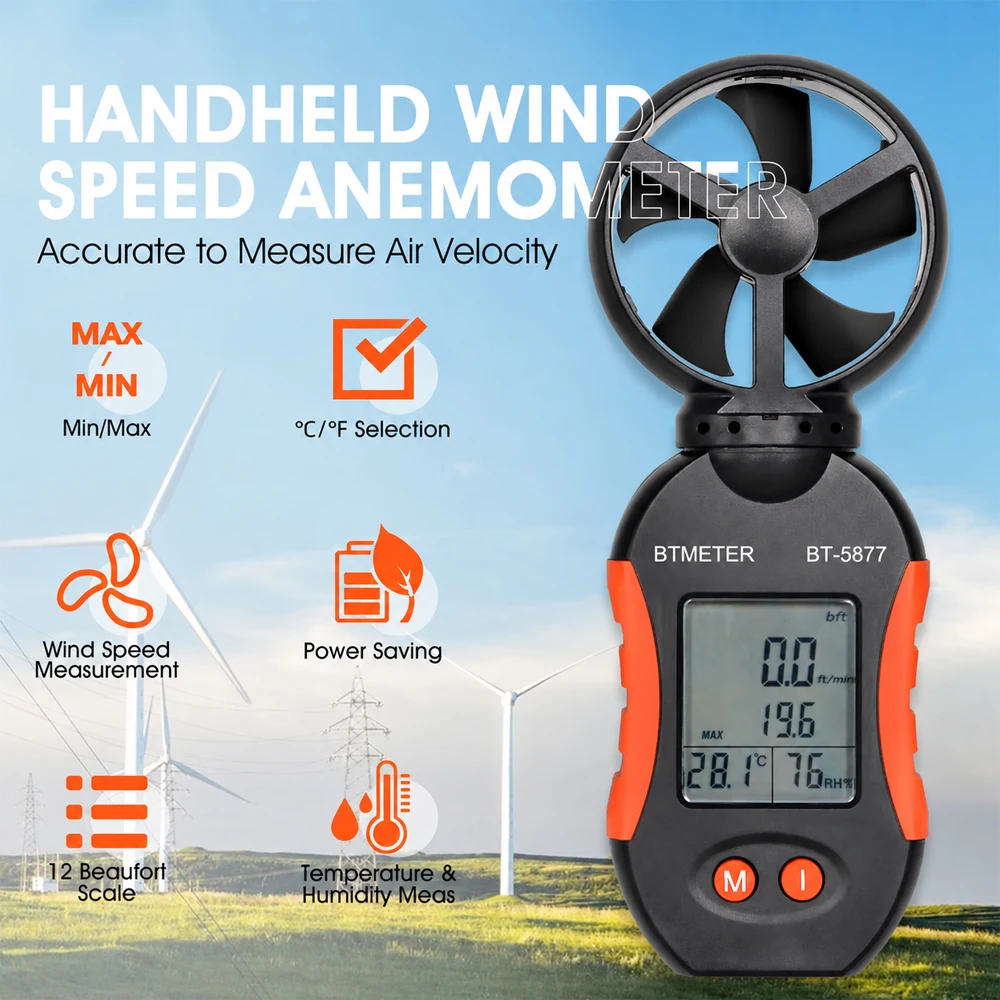 BTMETER Portable Digital Anemometer, BT-5877 Orange Wind Foliage, Speed Detection Range Mph 1~65, For Meteorological Monitoring