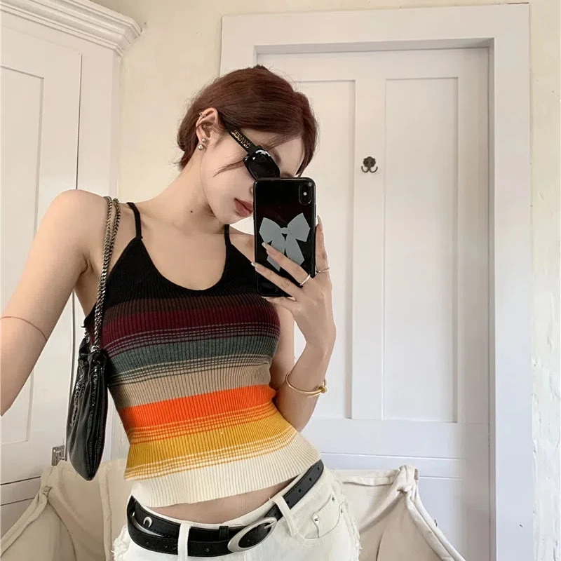 Trend Gradient Striped Knitted Camisole Vest Summer New Sleeveless Slim Short Sexy Backless Tops Tees Fashion Y2K Women Clothing