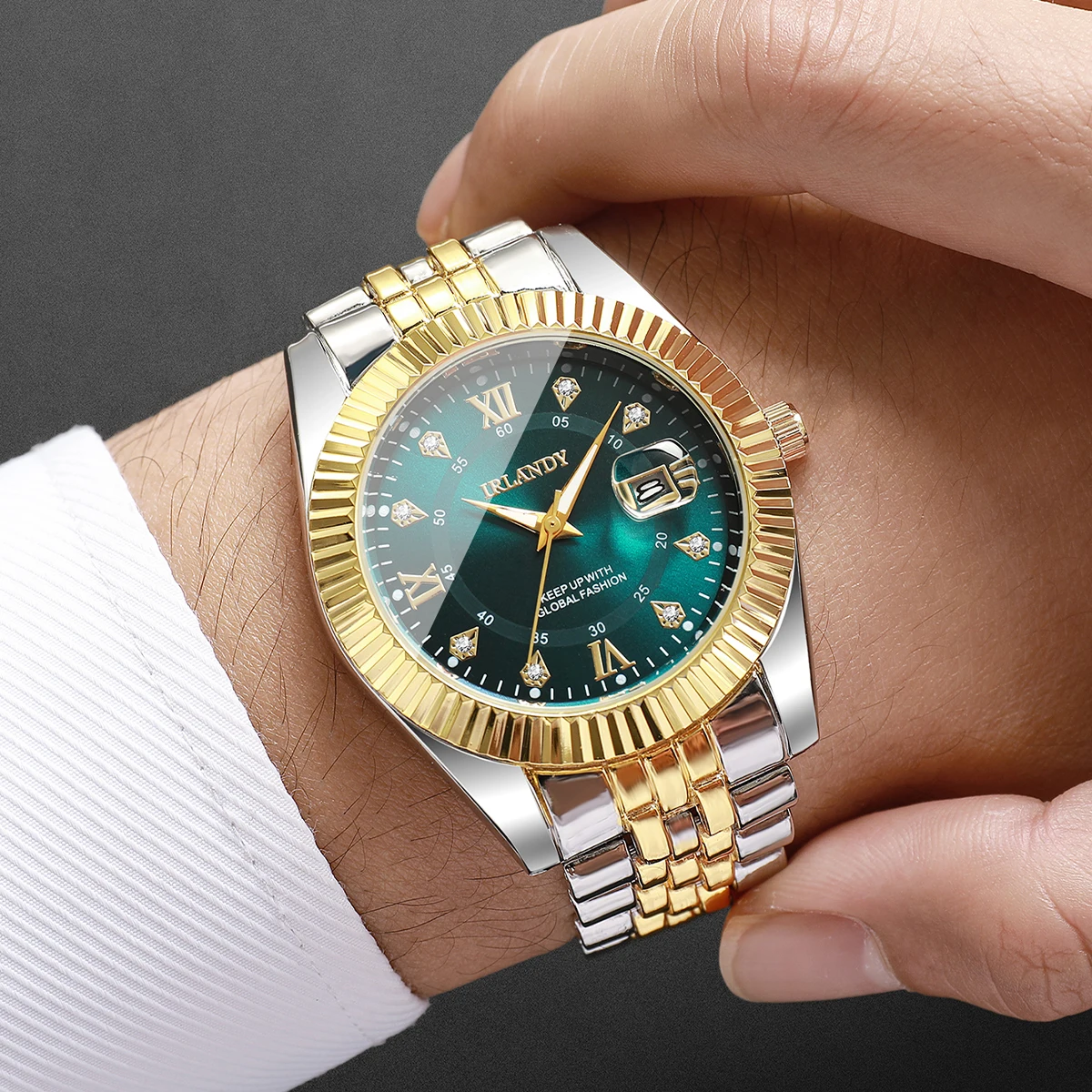 Luxury Rhinestone Roma Dial Men's Calendar Quartz Watch Fashion Stainless Steel Strap Men Business Watches Clock (Without Box)