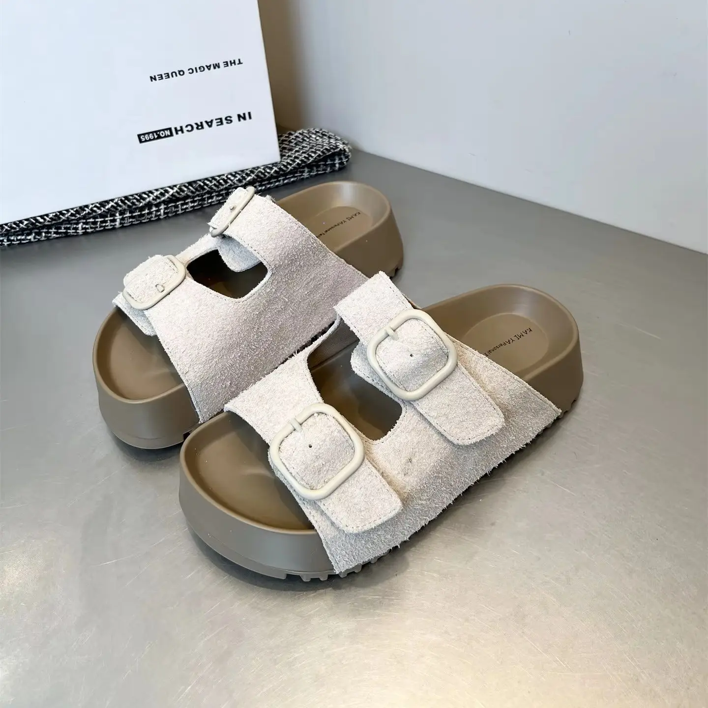 Beach Slippers Women's Genuine Leather Thick Soled Slippers Summer Outside Double Belt Buckle Women Sandals Pantuflas De Mujer view 5