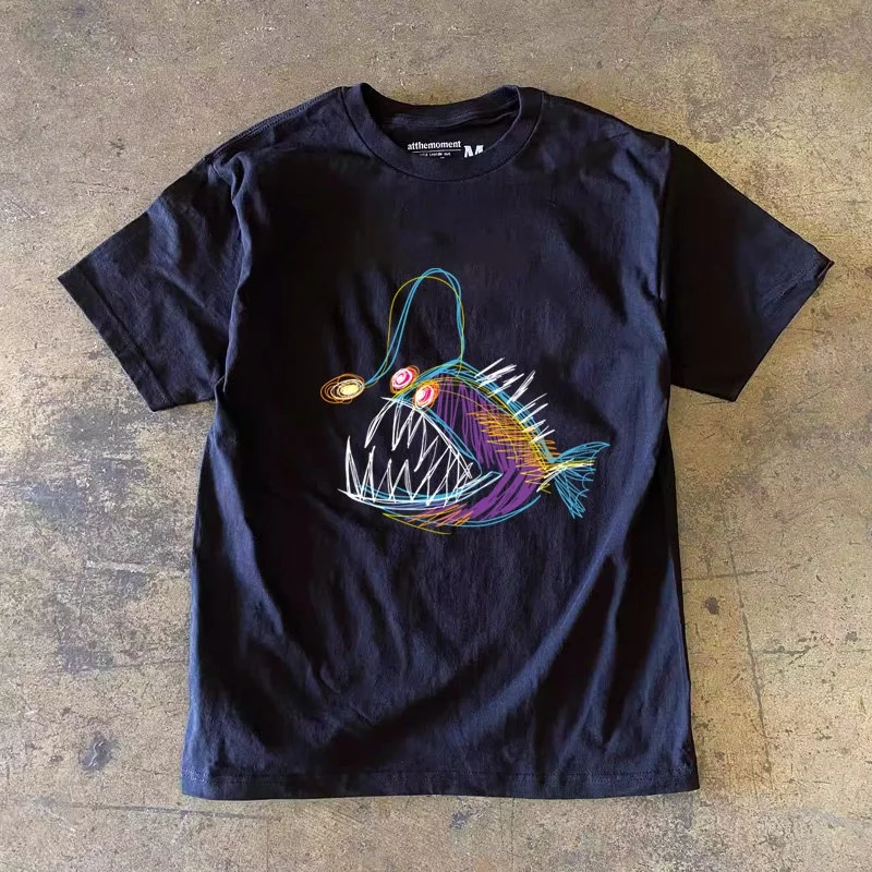 Loose Fit Cotton T-Shirt Unisex Short Sleeve Double Thread Pure Cotton American Retro Style Printed Abstract Pattern Breathable