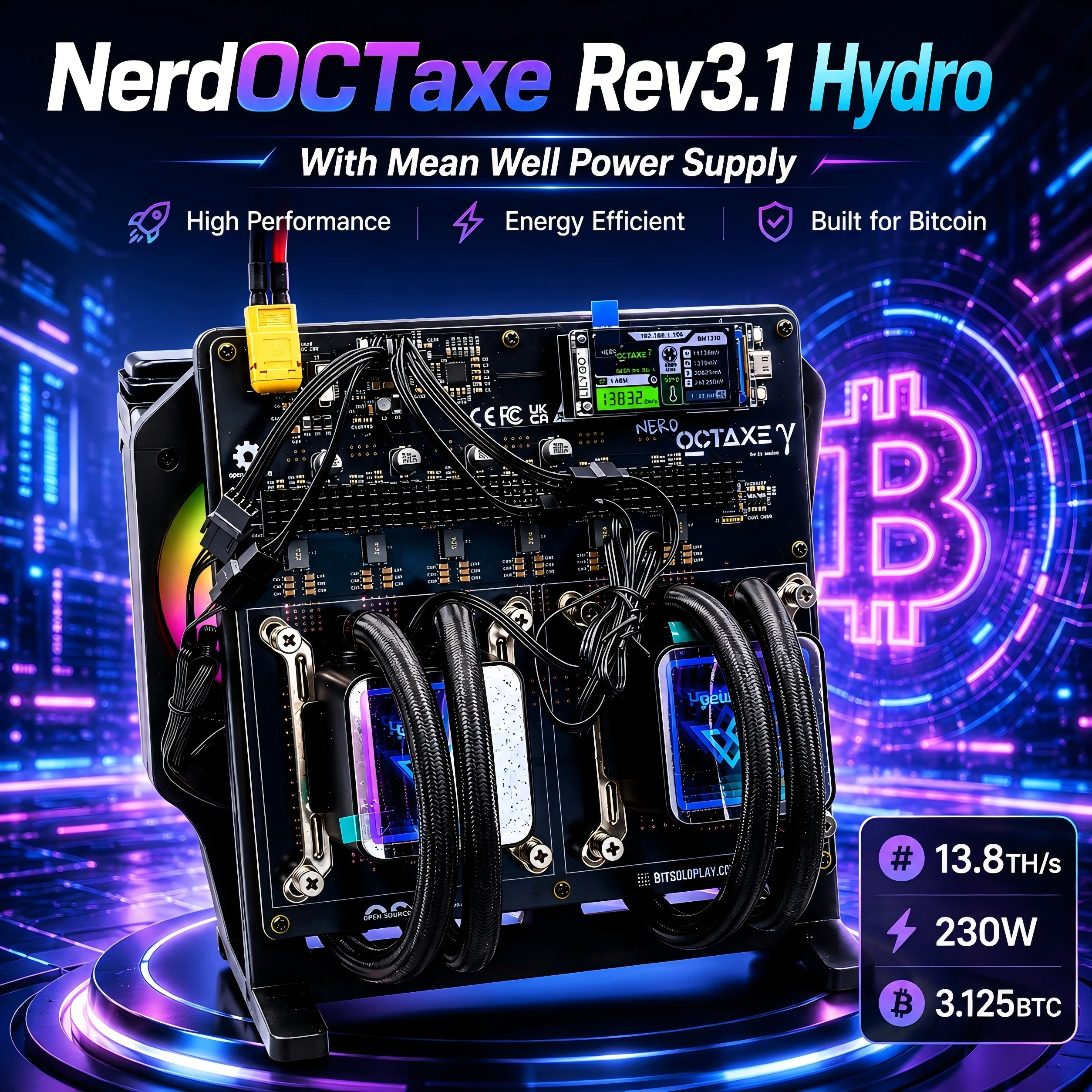

NerdOctaxe Rev3.1 Hydro 13.8Th/s 230W Bitcoin Solo Miners Bitcoin Home Use High Efficiency Miner With Mean Well Power Supply
